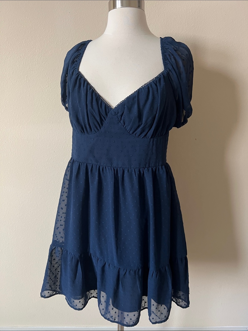 Women's Navy Puff-Sleeve Sweetheart Dress Size Large